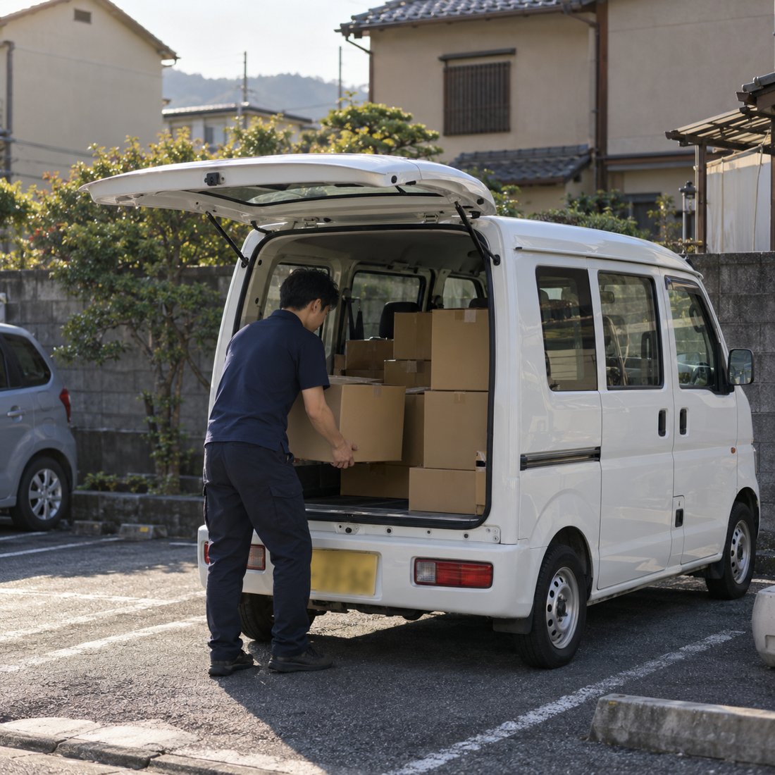 軽バンに荷物を積むドライバー