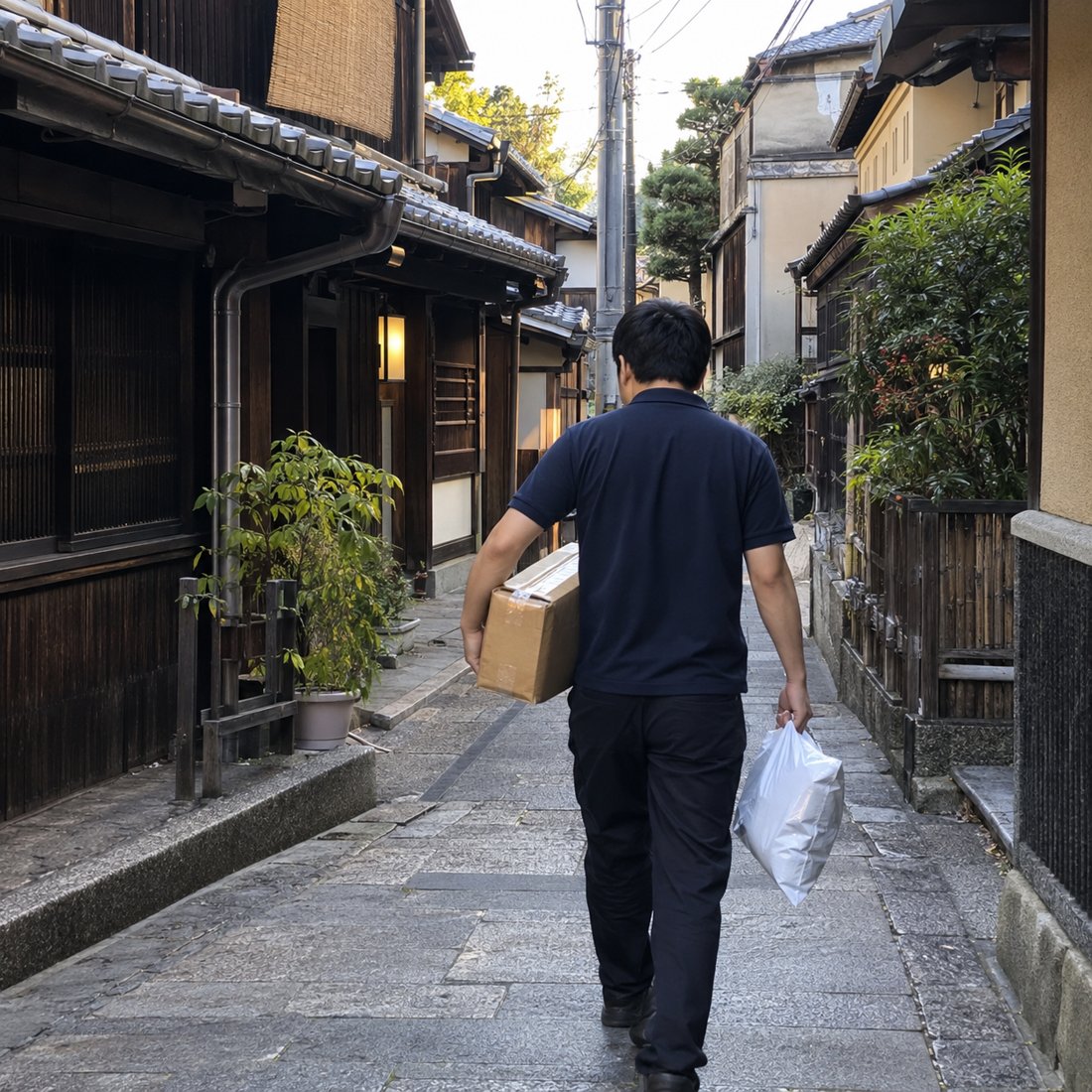 京都の路地を歩くドライバー